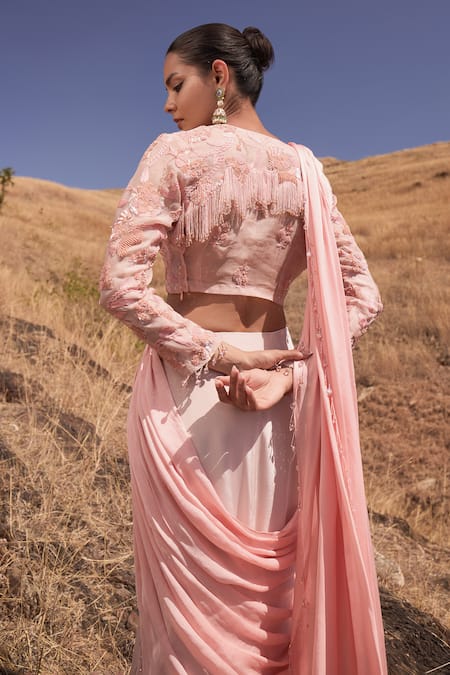 Islie By Priya Jain Crystal Border Embellished Pre-Draped Saree With Blouse 