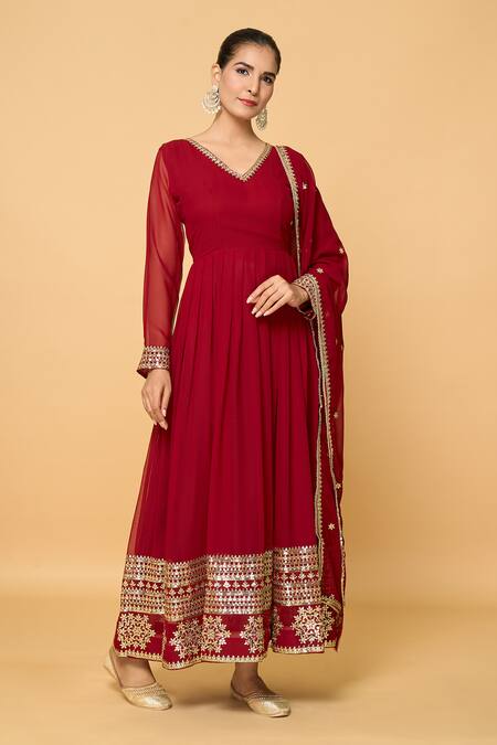 Buy_Samyukta Singhania_Maroon Faux Leather, Cotton Sequins, Florin Embroidered Anarkali With Dupatta