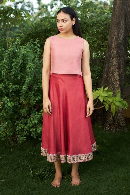 Shop_Purple Patch_Pink Organza, Tassels, Embroidery Round Cherry Blossom Top With Skirt _Online_at_Aza_Fashions