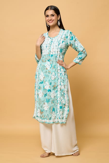 Buy Samyukta Singhania Green Muslin Embroidery Round Neck Bahar Print And Chikankari Kurta Buy_Samyukta Singhania_Green Muslin Embroidery Round Neck Bahar Print And Chikankari Kurta