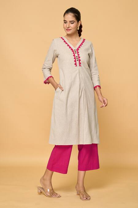 Buy_Samyukta Singhania_Grey Cotton Lace V-neck V Kurta 