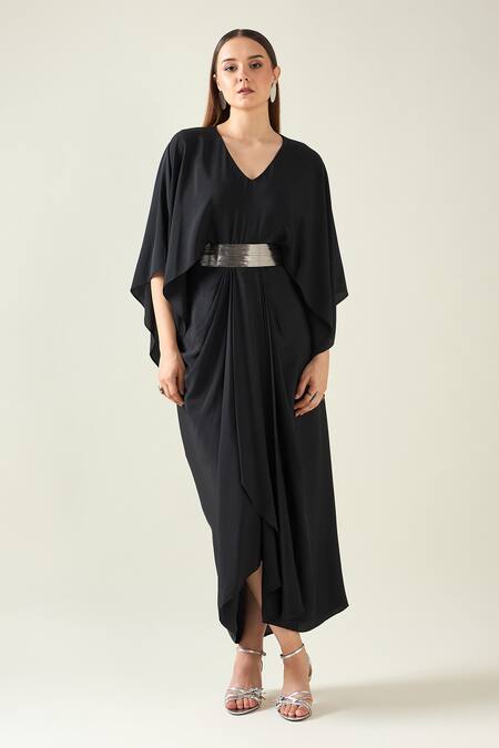 Shop Aakaar Black Modal V-neck Coral Solid Draped Dress With Metallic Belt Online at Aza Fashions Shop_Aakaar_Black Modal V-neck Coral Solid Draped Dress With Metallic Belt _Online_at_Aza_Fashions