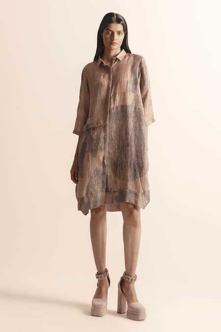 Shop_Abhishek Sharma_Brown Cotton, Linen Collared Nadru Lotus Pond Print Shirt Dress _Online_at_Aza_Fashions
