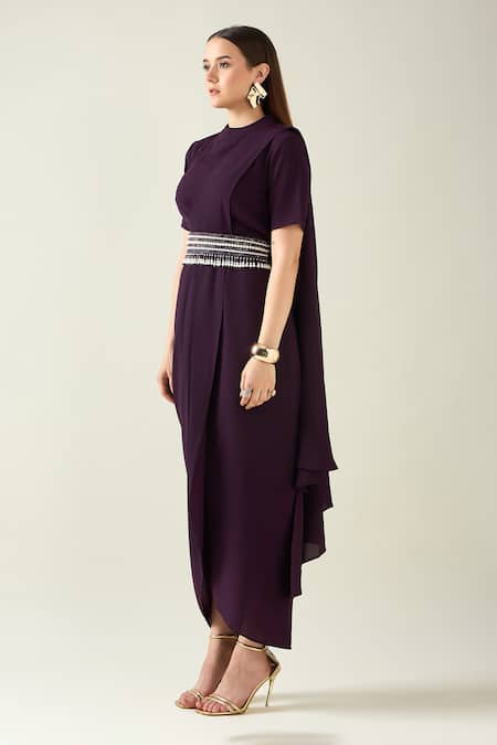 Shop_Aakaar_Purple Modal Pearls, Crystals, Solid Saree Style Draped Dress With Belt _Online_at_Aza_Fashions