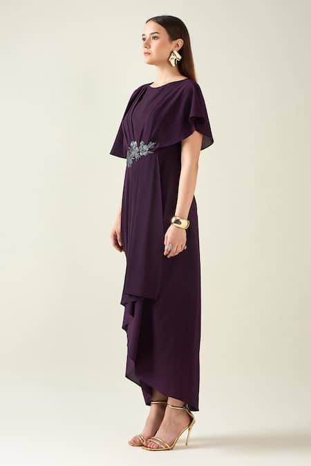 Shop_Aakaar_Purple Mohair, Crepe Crystals Boat Neck Embroidered Pleat Drape Dress _Online_at_Aza_Fashions
