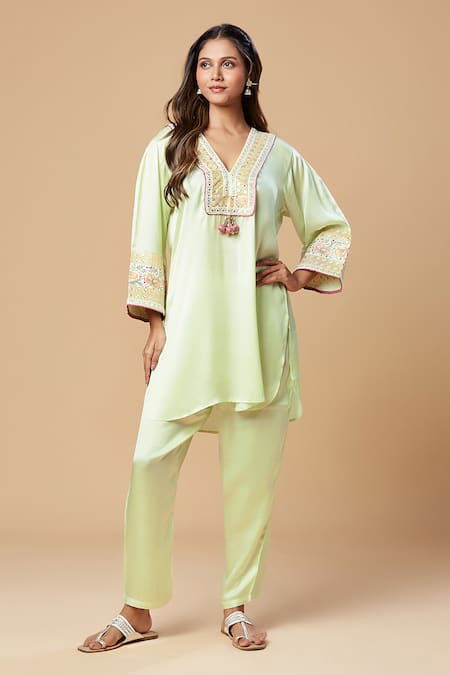 Spring Break Embroidered Yoke Kurta & Pant Set For Kids