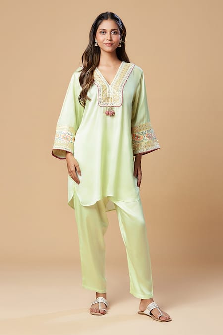 Shop_Spring Break_Green Cotton Satin Embroidery, Lace V-neck Yoke Kurta And Pant Set _Online_at_Aza_Fashions