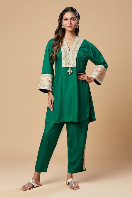 Spring Break Embroidered Neckline Kurta & Pant Set For Kids