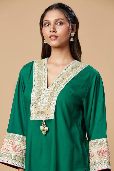 Buy Spring Break Green Rayon Embroidery V-neck Neckline Kurta And Pant Set Online at Aza Fashions Buy_Spring Break_Green Rayon Embroidery V-neck Neckline Kurta And Pant Set_Online_at_Aza_Fashions