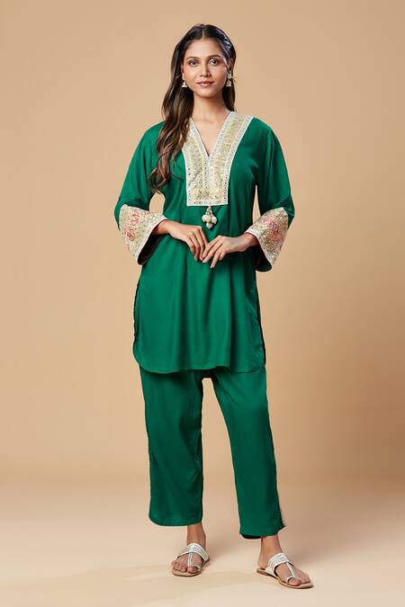 Shop Spring Break Green Rayon Embroidery V-neck Neckline Kurta And Pant Set Online at Aza Fashions Shop_Spring Break_Green Rayon Embroidery V-neck Neckline Kurta And Pant Set_Online_at_Aza_Fashions