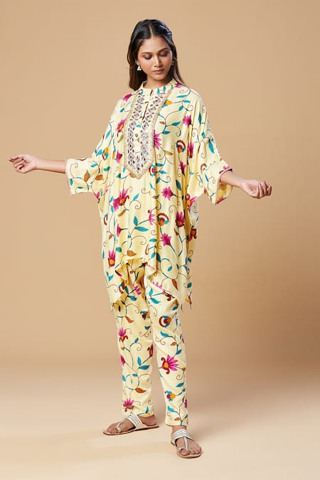 Spring Break_Cream Cotton Embroidery Mandarin Collar Floral Print Tunic And Pant Set_Online_at_Aza_Fashions