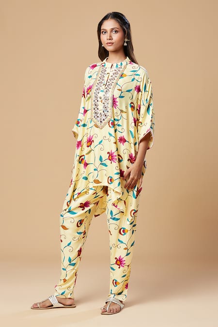 Buy_Spring Break_Cream Cotton Embroidery Mandarin Collar Floral Print Tunic And Pant Set_Online_at_Aza_Fashions
