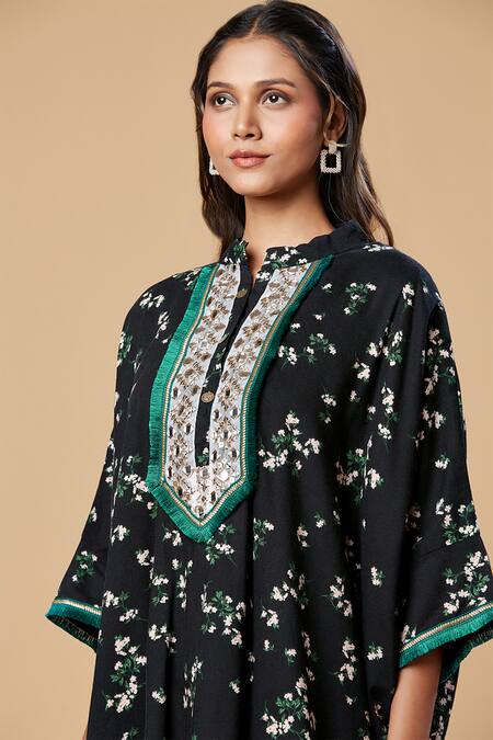 Spring Break_Black Cotton Embroidery Mandarin Collar Floral Print Kaftan Tunic And Pant Set _Online_at_Aza_Fashions