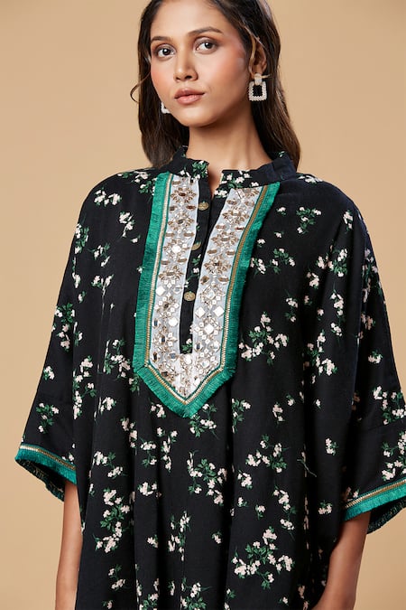 Buy_Spring Break_Black Cotton Embroidery Mandarin Collar Floral Print Kaftan Tunic And Pant Set _Online_at_Aza_Fashions