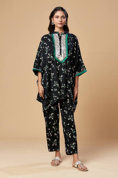 Shop_Spring Break_Black Cotton Embroidery Mandarin Collar Floral Print Kaftan Tunic And Pant Set _Online_at_Aza_Fashions