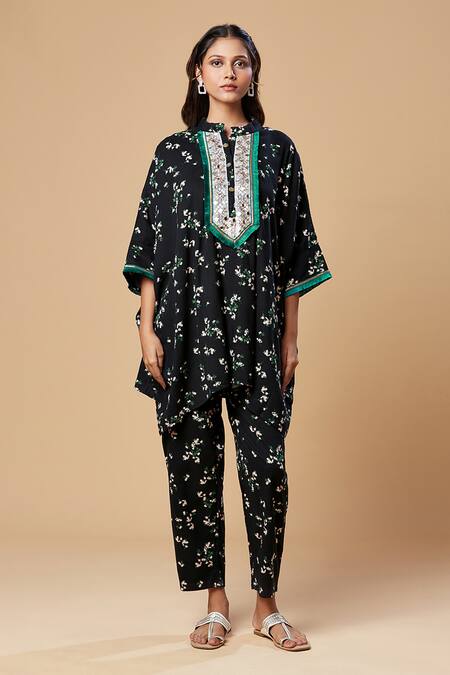 Spring Break_Black Cotton Embroidery Mandarin Collar Floral Print Kaftan Tunic And Pant Set _at_Aza_Fashions