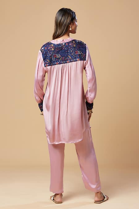 Shop Spring Break Purple Silk Patchwork V-neck Tunic And Pant Set at Aza Fashions Shop_Spring Break_Purple Silk Patchwork V-neck Tunic And Pant Set _at_Aza_Fashions