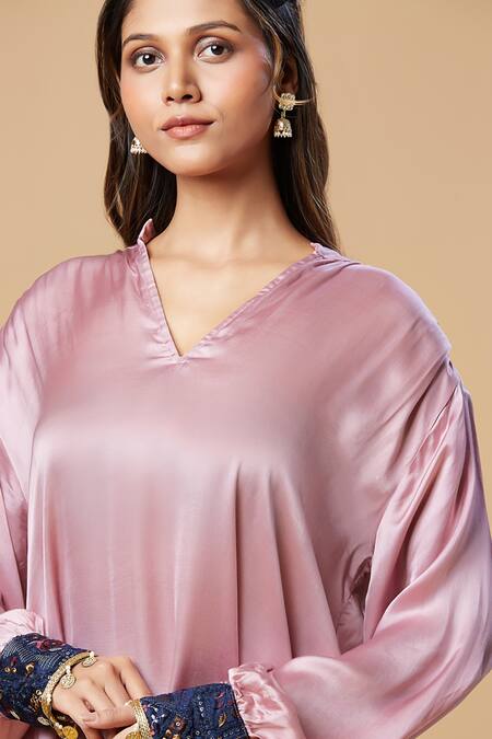 Buy Spring Break Purple Silk Patchwork V-neck Tunic And Pant Set Online at Aza Fashions Buy_Spring Break_Purple Silk Patchwork V-neck Tunic And Pant Set _Online_at_Aza_Fashions