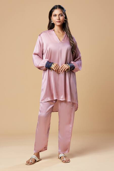 Shop Spring Break Purple Silk Patchwork V-neck Tunic And Pant Set Online at Aza Fashions Shop_Spring Break_Purple Silk Patchwork V-neck Tunic And Pant Set _Online_at_Aza_Fashions