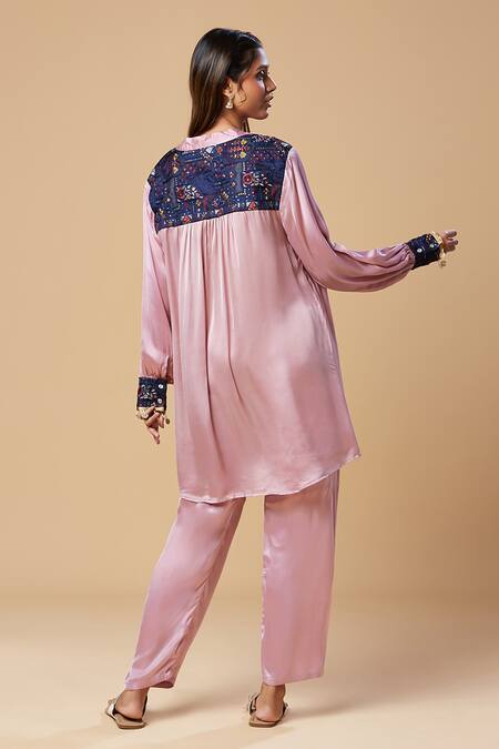 Spring Break Purple Silk Patchwork V-neck Tunic And Pant Set at Aza Fashions Spring Break_Purple Silk Patchwork V-neck Tunic And Pant Set _at_Aza_Fashions