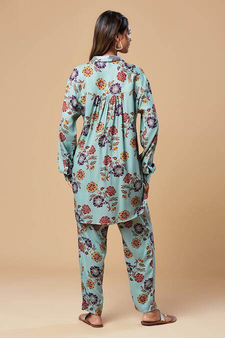 Shop Spring Break Blue Cotton Embroidery Collared Floral Print Shirt And Pant Set at Aza Fashions Shop_Spring Break_Blue Cotton Embroidery Collared Floral Print Shirt And Pant Set_at_Aza_Fashions