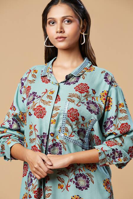 Spring Break Blue Cotton Embroidery Collared Floral Print Shirt And Pant Set Online at Aza Fashions Spring Break_Blue Cotton Embroidery Collared Floral Print Shirt And Pant Set_Online_at_Aza_Fashions