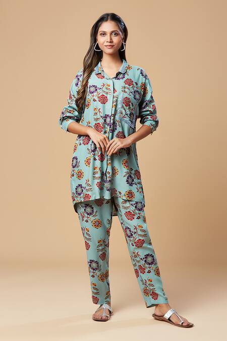 Shop Spring Break Blue Cotton Embroidery Collared Floral Print Shirt And Pant Set Online at Aza Fashions Shop_Spring Break_Blue Cotton Embroidery Collared Floral Print Shirt And Pant Set_Online_at_Aza_Fashions