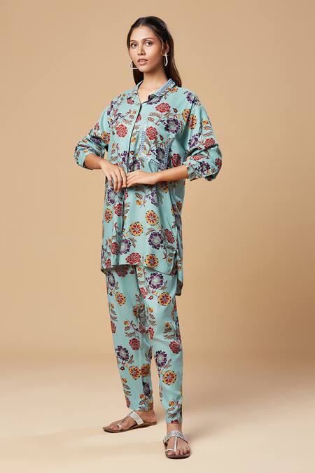 Spring Break Blue Cotton Embroidery Collared Floral Print Shirt And Pant Set at Aza Fashions Spring Break_Blue Cotton Embroidery Collared Floral Print Shirt And Pant Set_at_Aza_Fashions