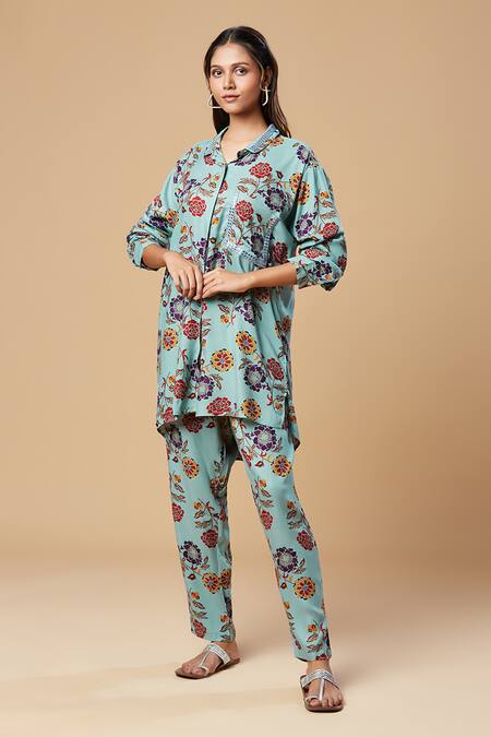 Buy Spring Break Blue Cotton Embroidery Collared Floral Print Shirt And Pant Set Buy_Spring Break_Blue Cotton Embroidery Collared Floral Print Shirt And Pant Set