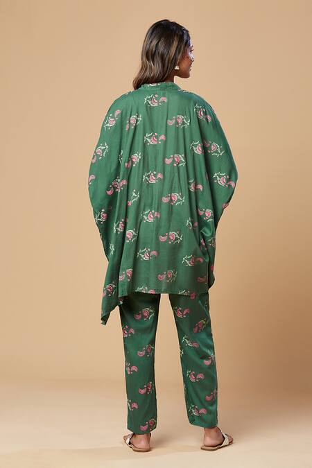 Shop Spring Break Green Cotton Lace, Embroidery Mandarin Collar Printed Kaftan Tunic And Pant Set at Aza Fashions Shop_Spring Break_Green Cotton Lace, Embroidery Mandarin Collar Printed Kaftan Tunic And Pant Set_at_Aza_Fashions