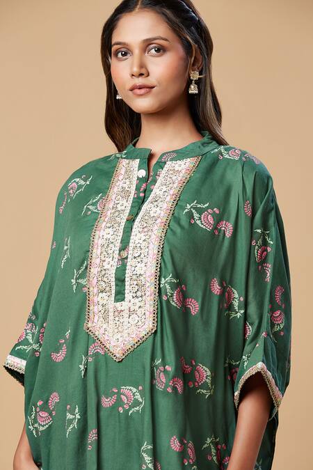 Spring Break Green Cotton Lace, Embroidery Mandarin Collar Printed Kaftan Tunic And Pant Set Online at Aza Fashions Spring Break_Green Cotton Lace, Embroidery Mandarin Collar Printed Kaftan Tunic And Pant Set_Online_at_Aza_Fashions