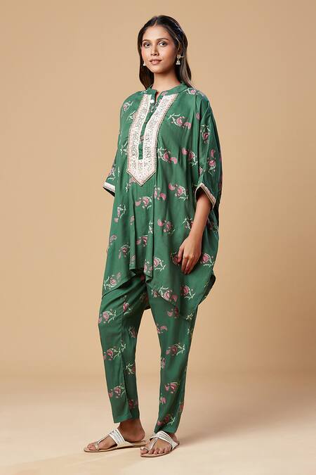Buy Spring Break Green Cotton Lace, Embroidery Mandarin Collar Printed Kaftan Tunic And Pant Set Online at Aza Fashions Buy_Spring Break_Green Cotton Lace, Embroidery Mandarin Collar Printed Kaftan Tunic And Pant Set_Online_at_Aza_Fashions