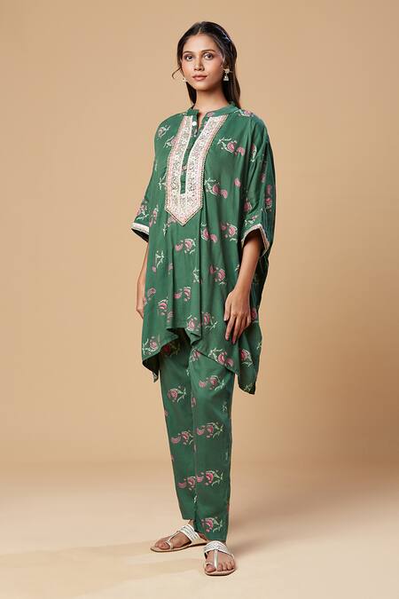 Shop Spring Break Green Cotton Lace, Embroidery Mandarin Collar Printed Kaftan Tunic And Pant Set Online at Aza Fashions Shop_Spring Break_Green Cotton Lace, Embroidery Mandarin Collar Printed Kaftan Tunic And Pant Set_Online_at_Aza_Fashions