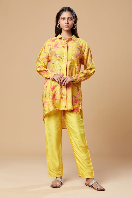 SPRING BREAK Yellow Blended Silk Printed Floral Collared Shirt And Pant Set 