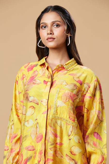 Spring Break_Yellow Silk Embroidery Collared Printed Shirt And Pant Set _Online_at_Aza_Fashions