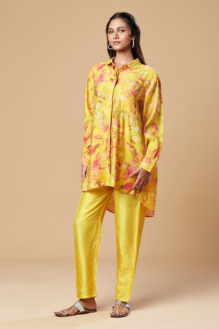 Buy_Spring Break_Yellow Silk Embroidery Collared Printed Shirt And Pant Set _Online_at_Aza_Fashions