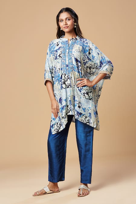 SPRING BREAK Blue Muslin Silk Printed Floral Mandarin Collar Tunic And Pant Set 