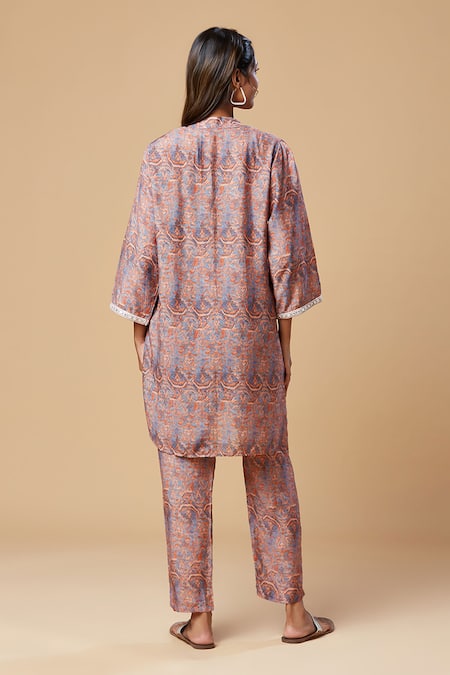 Shop Spring Break Orange Muslin, Silk Lace V-neck Printed Kurta And Pant Set at Aza Fashions Shop_Spring Break_Orange Muslin, Silk Lace V-neck Printed Kurta And Pant Set _at_Aza_Fashions