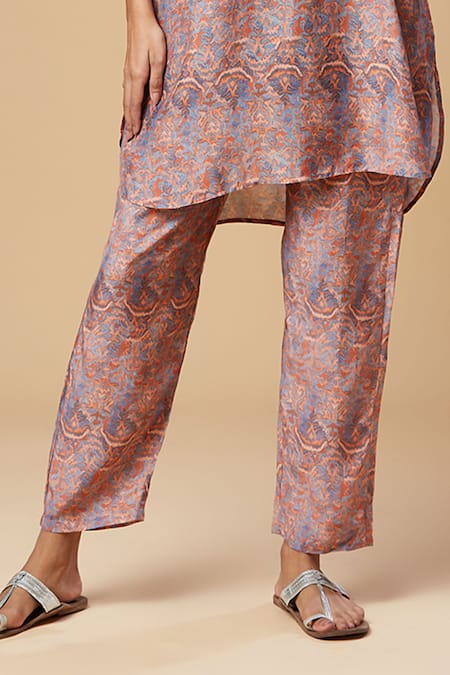 Spring Break Orange Muslin, Silk Lace V-neck Printed Kurta And Pant Set Online at Aza Fashions Spring Break_Orange Muslin, Silk Lace V-neck Printed Kurta And Pant Set _Online_at_Aza_Fashions