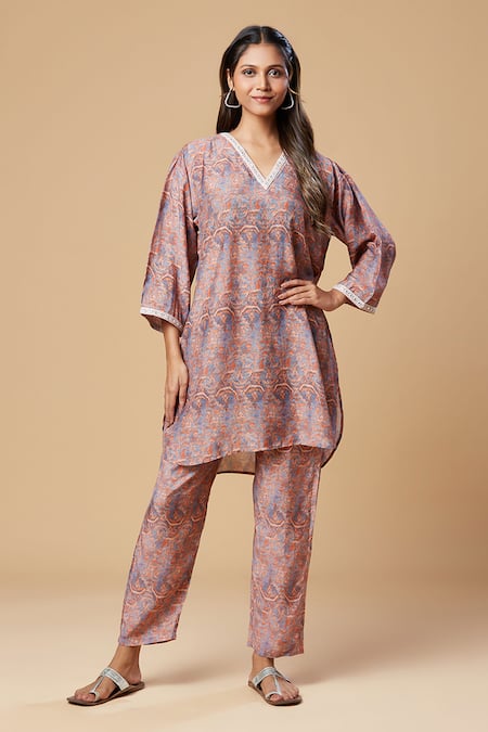 Buy Spring Break Orange Muslin, Silk Lace V-neck Printed Kurta And Pant Set Online at Aza Fashions Buy_Spring Break_Orange Muslin, Silk Lace V-neck Printed Kurta And Pant Set _Online_at_Aza_Fashions