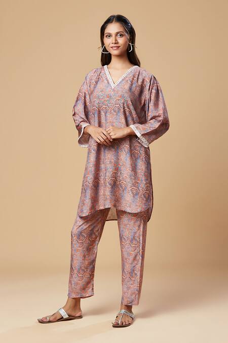 Shop Spring Break Orange Muslin, Silk Lace V-neck Printed Kurta And Pant Set Online at Aza Fashions Shop_Spring Break_Orange Muslin, Silk Lace V-neck Printed Kurta And Pant Set _Online_at_Aza_Fashions