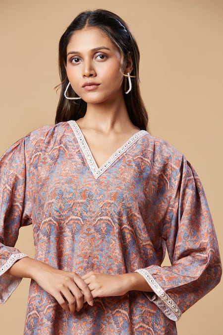Spring Break Orange Muslin, Silk Lace V-neck Printed Kurta And Pant Set at Aza Fashions Spring Break_Orange Muslin, Silk Lace V-neck Printed Kurta And Pant Set _at_Aza_Fashions