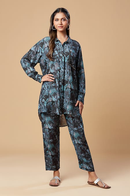 SPRING BREAK Blue Muslin Silk Printed Floral Collared Shirt And Pant Set 