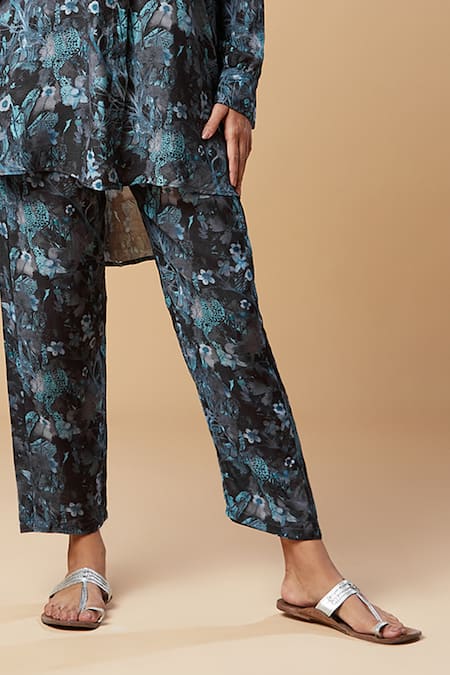 Spring Break_Blue Muslin, Silk Collared Floral Print Shirt And Pant Set _Online_at_Aza_Fashions