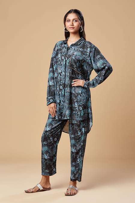 Buy_Spring Break_Blue Muslin, Silk Collared Floral Print Shirt And Pant Set _Online_at_Aza_Fashions
