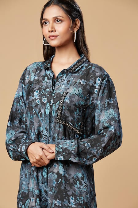 Shop_Spring Break_Blue Muslin, Silk Collared Floral Print Shirt And Pant Set _Online_at_Aza_Fashions