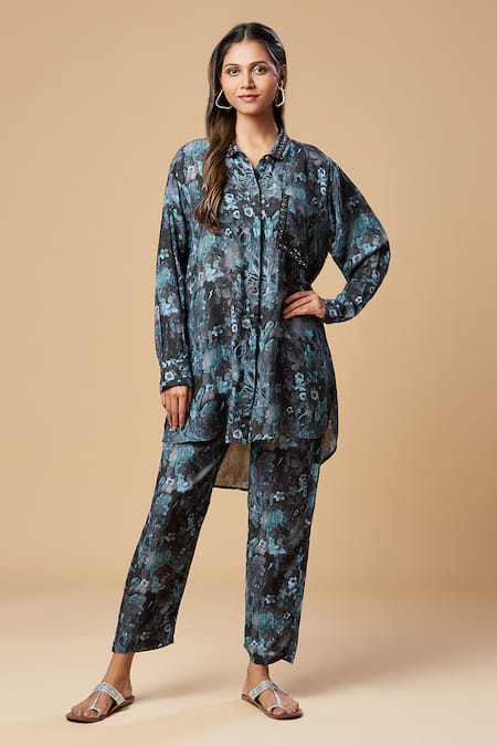 Spring Break_Blue Muslin, Silk Collared Floral Print Shirt And Pant Set _at_Aza_Fashions