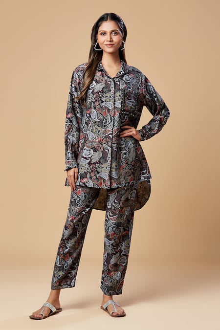 SPRING BREAK Blue Blended Silk Printed Paisley Collared Shirt And Pant Set 