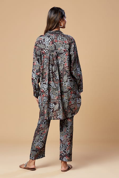 Shop Spring Break Blue Silk Embroidery Collared Paisley Print Shirt And Pant Set at Aza Fashions Shop_Spring Break_Blue Silk Embroidery Collared Paisley Print Shirt And Pant Set_at_Aza_Fashions