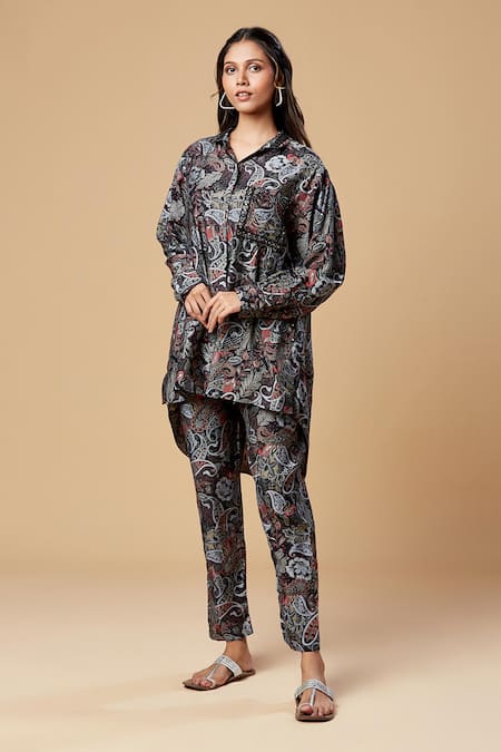 Spring Break Blue Silk Embroidery Collared Paisley Print Shirt And Pant Set Online at Aza Fashions Spring Break_Blue Silk Embroidery Collared Paisley Print Shirt And Pant Set_Online_at_Aza_Fashions